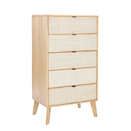 Powell Carling 5-Drawer Cane Bedroom Chest, 52"H x 28"W x 18-1/2"D, Natural