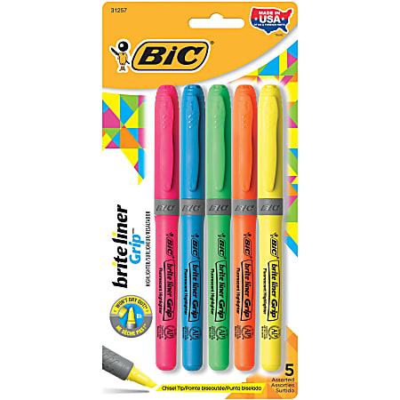 BIC Brite Liner Grip Highlighters, Pocket Style, Chisel Tip, Assorted Colors, Pack Of 5
