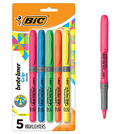 BIC Brite Liner Grip Highlighters, Pocket Style, Chisel Tip, Assorted Colors, Pack Of 5