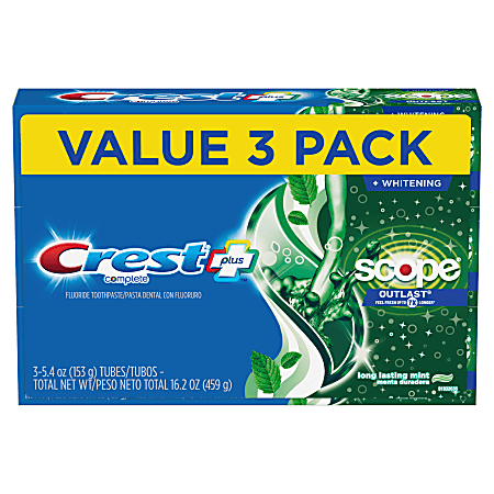 Crest + Scope Outlast Complete Whitening Toothpaste, Mint, 5.4 Oz, Pack Of 3 Tubes