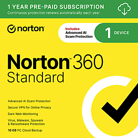 Norton™ 360 Standard, For 1 Device, 1 Year Subscription, Windows®, Download