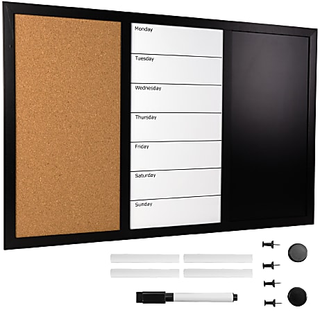 Excello Global Products Magnetic Dry-Erase Whiteboard/Chalk/Cork Combo Board, Aluminum, 15-1/2" x 23-1/2", Black Wood Frame