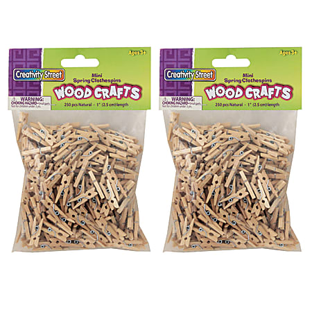 Creativity Street Mini Spring Clothespins, Natural Wood, 1", 250 Clothespins Per Pack, Pack Of 2 Packs