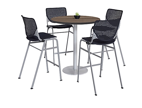KFI Studios KOOL Round Pedestal Table With 4 Stacking Chairs, 41"H x 36"D, Studio Teak/Black