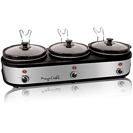 MegaChef Triple 2.5 Qt. Slow Cooker and Buffet Server BlackBrushed Silver -  Office Depot