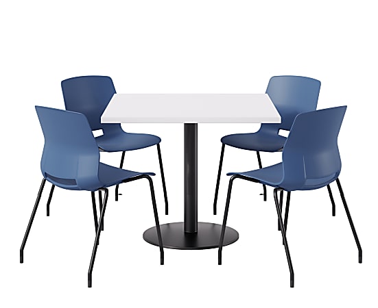 KFI Studios Proof Cafe Pedestal Table With Imme Chairs, Square, 29”H x 42”W x 42”W, Designer White Top/Black Base/Navy Chairs