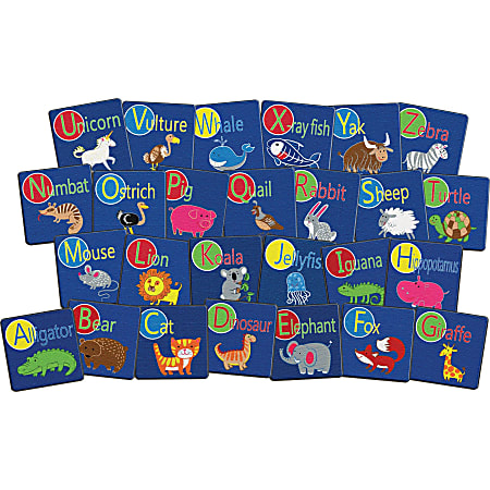 Flagship Carpets Alphabet Animals Seating Squares, 16" x 16", Multicolor, Set Of 26