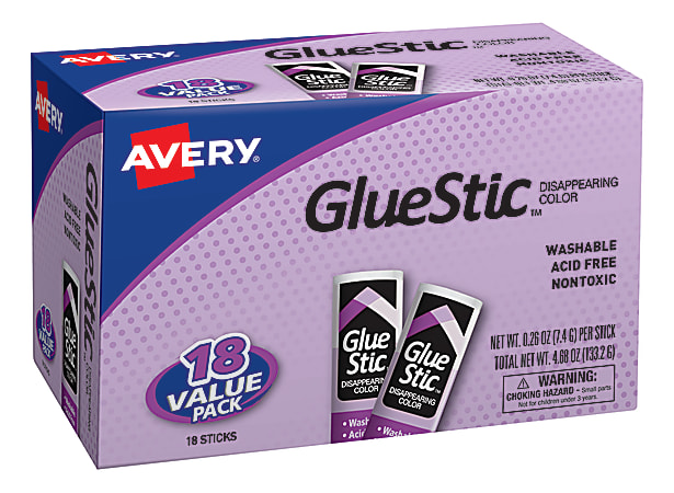 Avery® Disappearing Color Permanent Glue Stics, 0.26 Oz., Purple, Pack Of 18