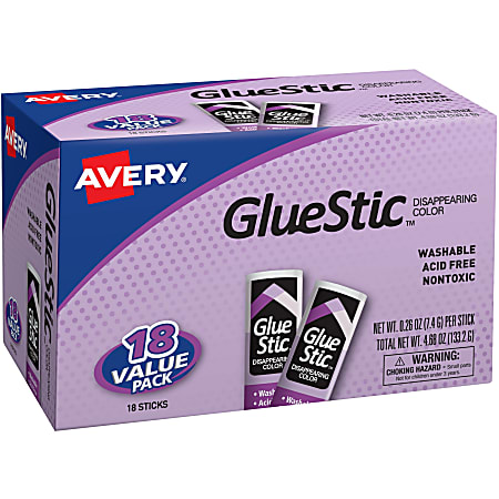 Avery Disappearing Color Permanent Glue Stics 0.26 Oz. Purple Pack Of 18 -  Office Depot