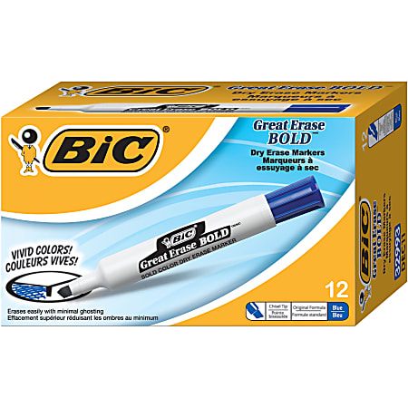 BIC® Great Erase Dry-Erase Markers, Chisel Point, White Barrel, Blue Ink, Pack Of 12 Markers