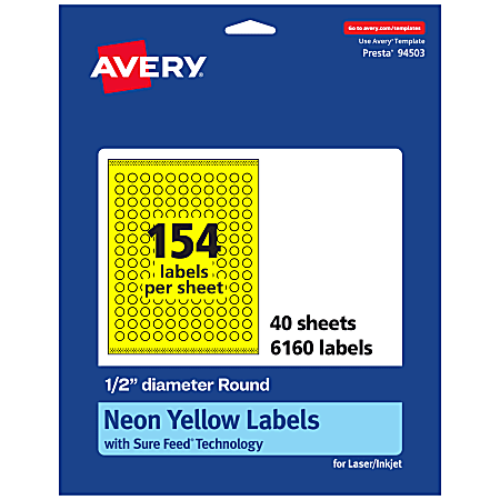 Avery® Print-To-The-Edge Labels With Sure Feed® Technology, 94503-NYP40, Round, 1/2", Matte Neon Yellow, Pack of 6160