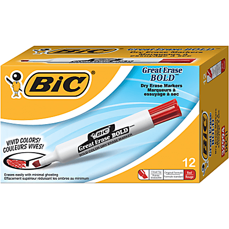 BIC® Great Erase® Dry Erase Marker, Bold Point, Chisel Point, White Barrel, Red Ink, Pack Of 12