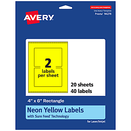 Avery® Print-To-The-Edge Labels With Sure Feed® Technology, 94278-NYP20, Rectangle, 4" x 6", Matte Neon Yellow, Pack of 40