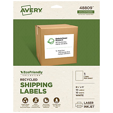 Avery® EcoFriendly Recycled Labels, Rectangle, 8-1/2" x 11", Matte White, Pack Of 10
