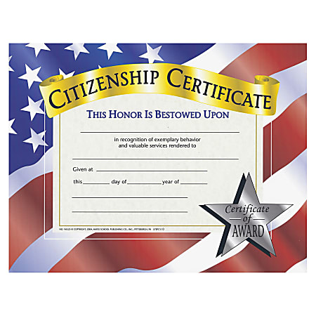 Flipside Citizenship Certificate - 11" x 8.50" - Laser Compatible - Assorted30 / Pack