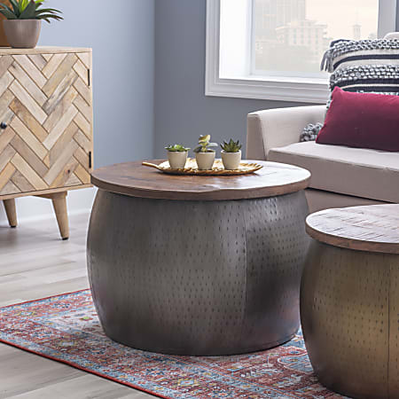 Powell Angus Drum Side Table With Storage 18 12 H x 27 12 W x 27 12 D PewterBrown Office Depot