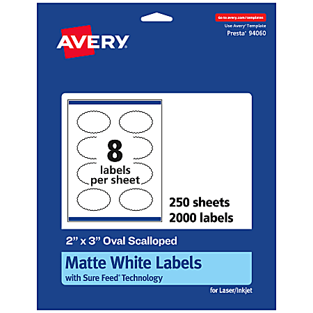 Avery® Permanent Labels With Sure Feed®, 94060-WMP250, Oval Scalloped, 2" x 3", White, Pack Of 2,000