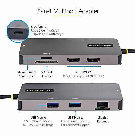 USB-C Multiport Adapter, 4K 60Hz HDMI w/HDR, 3-Port USB Hub, 100W Power  Delivery Pass-Through, USB Type C Mini Docking Station