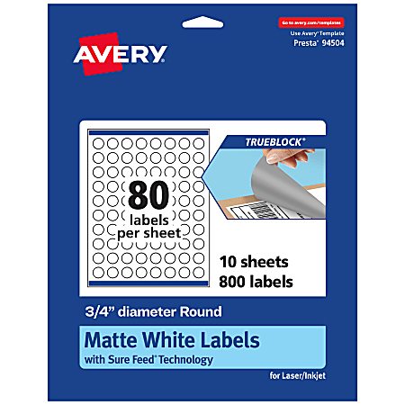 Avery® Print-To-The-Edge TrueBlock® Labels With Sure Feed®, 94504-TWMP10, Round, 3/4", Matte White, Pack Of 800