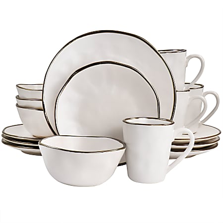 Elama Modern Stoneware Dinnerware Set, Matte White/Gold, Set Of 16 Pieces