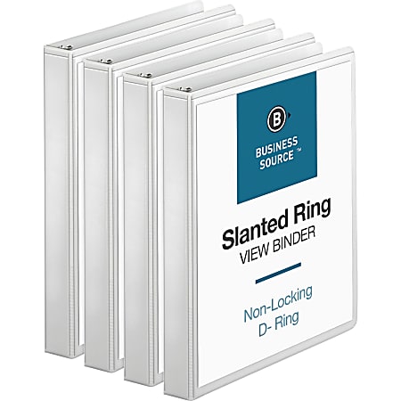 Business Source Basic D-Ring White View Binders, 1" Ring, 8 1/2" x 11", White, Pack Of 4