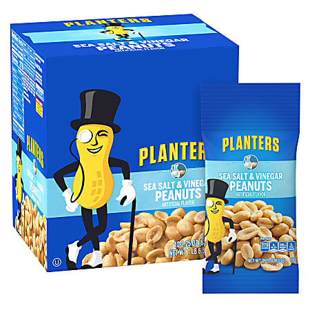 Planters Sea Salt And Vinegar Peanuts, 2.25 Oz, 10 Pouches Per Box, Pack Of 3 Boxes