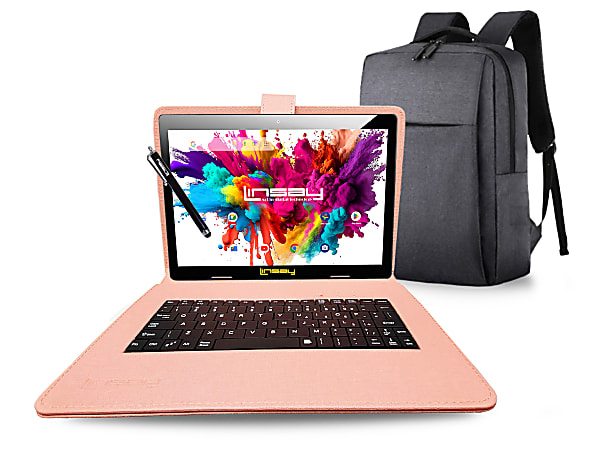 Linsay Octa Core Tablet, 10.1”, 4GB Memory, 128GB Storage, Android 13, With Peach Designer Cloth Keyboard Case, Compact Backpack And Pen Stylus
