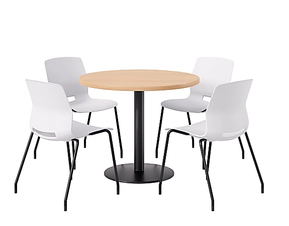KFI Studios Midtown Pedestal Round Standard Height Table Set With Imme Armless Chairs, 31-3/4”H x 22”W x 19-3/4”D, Maple Top/Black Base/White Chairs