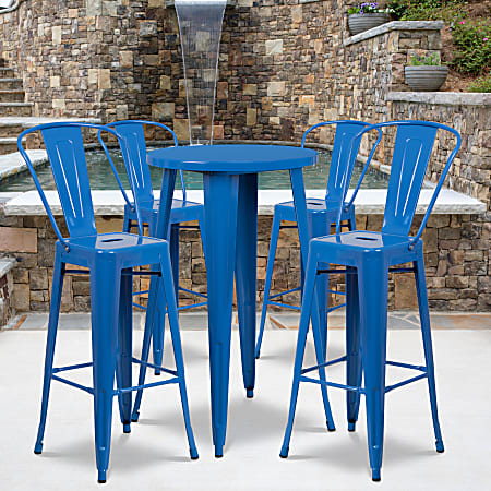 Flash Furniture Commercial-Grade Round Metal Indoor/Outdoor Bar Table Set With 4 Café Stools, 41"H x 24"W x 24"D, Blue