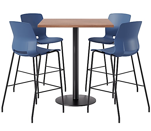 KFI Studios Proof Bistro Square Pedestal Table With Imme Bar Stools, Includes 4 Stools, 43-1/2”H x 36”W x 36”D, Cafelle Top/Black Base/Navy Chairs