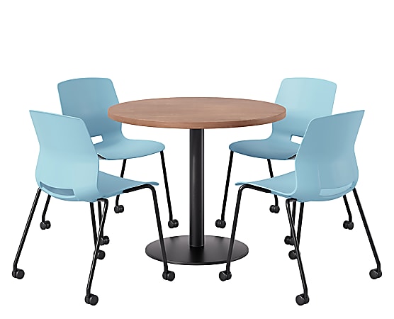 KFI Studios Proof Cafe Round Pedestal Table With Imme Caster Chairs, Includes 4 Chairs, 29”H x 36”W x 36”D, River Cherry Top/Black Base/Sky Blue Chairs