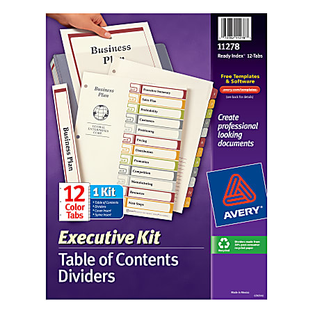 Avery® Ready Index® 30% Recycled Table Of Contents Dividers Executive Kit, 12 Tab, Multicolor