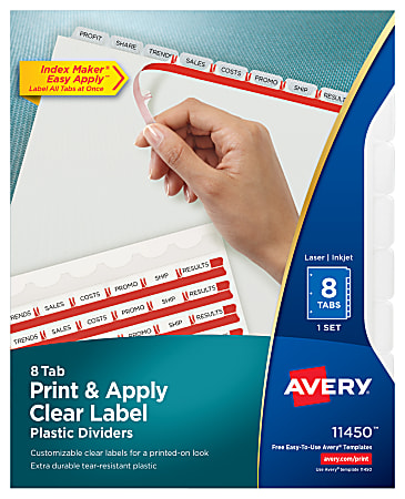 Avery® Print & Apply Clear Label Translucent Plastic Dividers with Index Maker® Easy Apply™ Printable Label Strip, 8 Frosted Clear Tabs