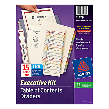 Avery® Ready Index® 30% Recycled Table Of Contents Dividers Executive Kit, 15 Tab, Multicolor