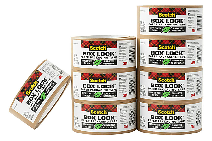 Scotch® Box Lock Paper Packing Tape, 8 Tape Rolls, 1.88 in x 25 yd, 3" Core, Extreme Grip Moving Tape, Brown