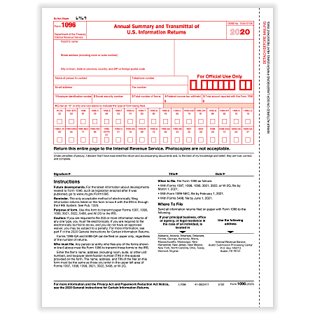 ComplyRight™ 1096 Transmittal Tax Forms, Laser, 8-1/2" x 11", Pack Of 50 Forms