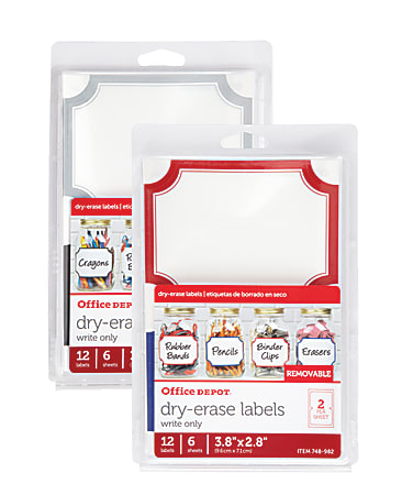 Office Depot® Brand Dry-Erase Labels, Z05086, Rectangle, 3 13/16" x 2 13/16", White/Assorted-Color Borders, Pack Of 12