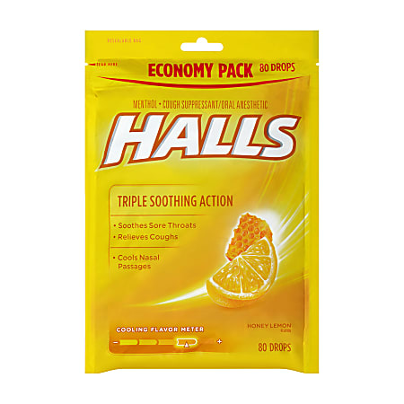 Halls Honey Lemon Cough Drops, 80 Drops Per Bag, Pack Of 2 Bags