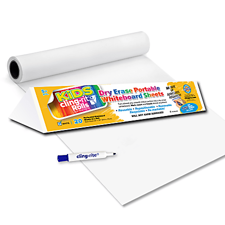 Clingers Cling-Rite® Dry-Erase Sheets, 20" x 30", 50' Roll, Kids/White, Roll Of 20 Sheets