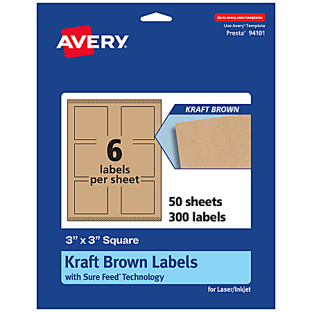 Avery® Kraft Permanent Labels With Sure Feed®, 94101-KMP50, Square, 3" x 3", Brown, Pack Of 300