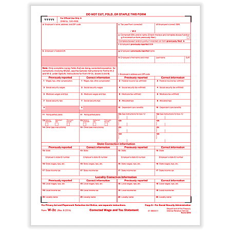ComplyRight W-2C Tax Forms, Federal Copy A, 1-Part, 8-1/2" x 11", Pack Of 50 Forms