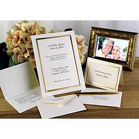 Custom Printed Premium Invitations, Gold Frame, Flat, 5 1/2" x 7 3/4", Ecru Matte, Box Of 25