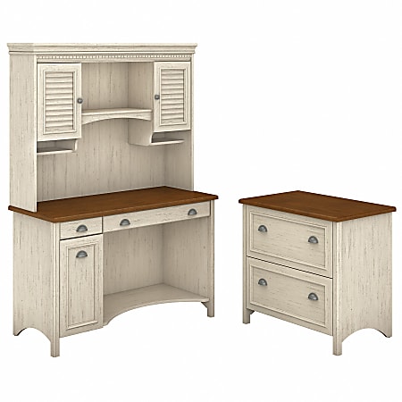 Bush Furniture Fairview Computer Desk With Hutch And 2 Drawer Lateral File Cabinet, Antique White/Tea Maple, Standard Delivery