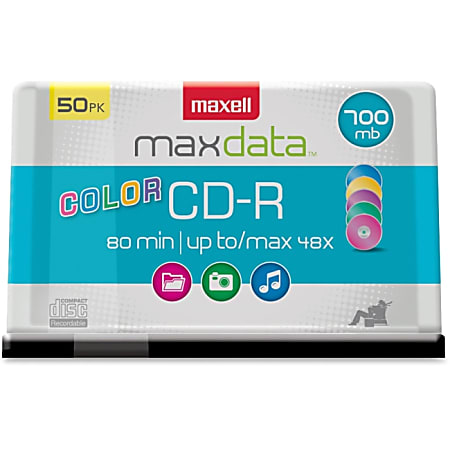 Maxell® CD-R Recordable Multicolor Media Spindle, 700MB/80 Minutes, Assorted Colors, Pack Of 50