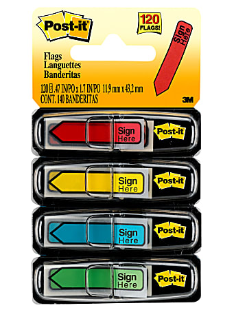 Post-it® Flags, .47 in. x 1.7 in., 4 Dispensers, 30 Flags/Dispenser, Assorted Colors, Printed "Sign Here",  Back to School Supplies  - 684SH