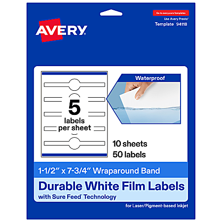 Avery® Waterproof Permanent Labels With Sure Feed®, 94118-WMF10, Cigar, 1-1/2" x 7-3/4", White, Pack Of 50