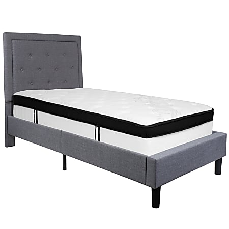 Flash Furniture Roxbury Panel Tufted Upholstered Platform Bed and Memory Foam Pocket Spring Mattress, Twin, 51”H x 44-1/2”W x 81”L, Light Gray