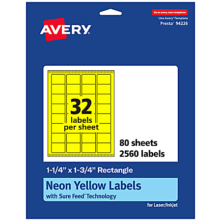 Avery® Printable Labels With Sure Feed® Technology, 94226-NYP80, Rectangle, 1-1/4" x 1-3/4", Matte Neon Yellow, Pack of 2560