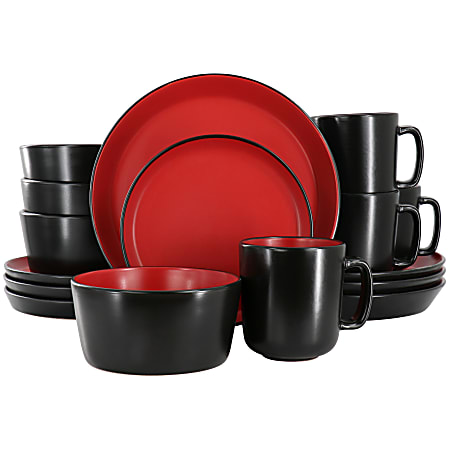 Elama Bacarra Stoneware Dinnerware Set, Black/Red, Set Of 16 Pieces