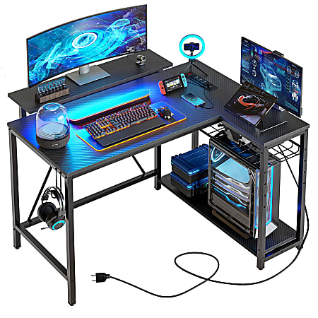 Bestier RGB Gaming Desk With Storage Shelf & Side Pocket, 42"W, Black 3D Carbon Fiber